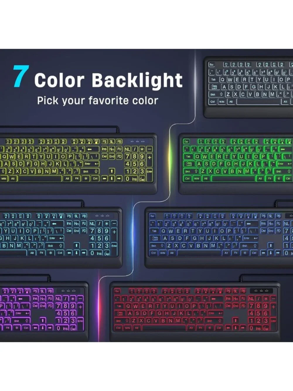Large Print USB Wired Keyboard - 7 Backlight Colors, Foldable Stand, PC/Laptop